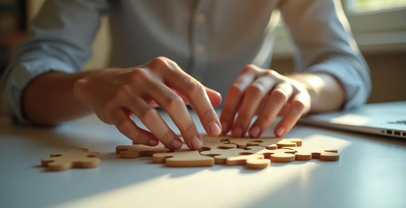 Mains assemblant des pièces de puzzle représentant différents documents