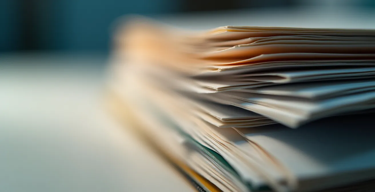 Pile de documents administratifs flous avec profondeur de champ