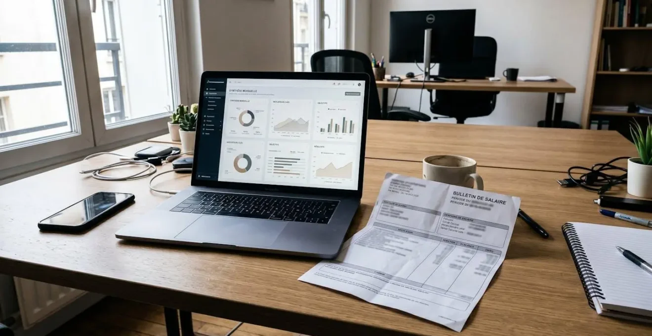 Bureau contemporain lumineux avec ordinateur portable ouvert dont l'écran est flouté, carnet, tasse de café, grande fenêtre montrant une architecture européenne en arrière-plan