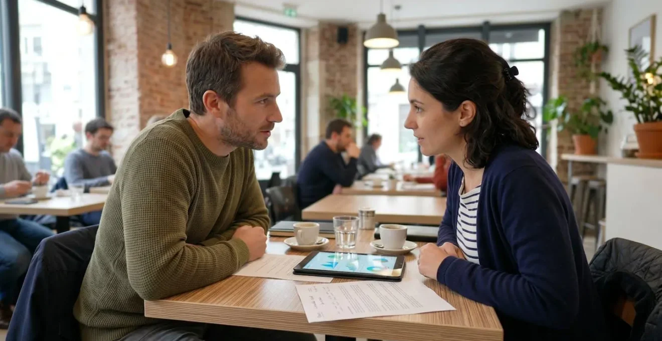 Un couple vu de profil discute autour d'une table moderne avec des documents partiellement visibles et floutés, éclairage naturel doux