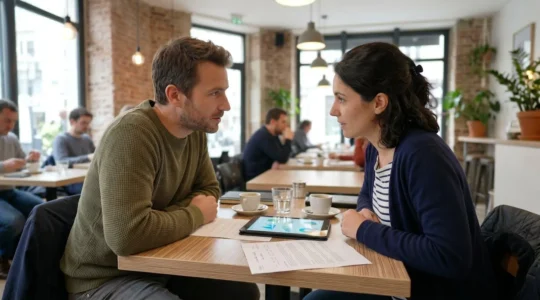Un couple vu de profil discute autour d'une table moderne avec des documents partiellement visibles et floutés, éclairage naturel doux