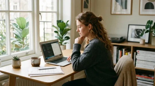 Auto-entrepreneur assis à un bureau minimaliste, regardant son écran d'ordinateur avec des documents financiers posés à côté