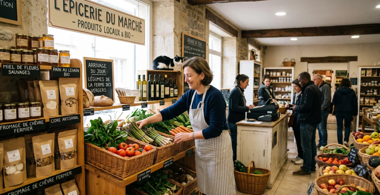 Propriétaire d'une boutique indépendante organisant les produits sur les étagères de son commerce spécialisé en France