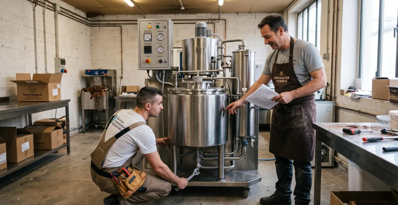 Équipe d'une petite entreprise française travaillant en collaboration dans leur bureau, illustrant le passage à une structure avec salariés